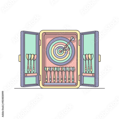 Darts in a colorful case with a target inside and darts around, viewed directly from the front.