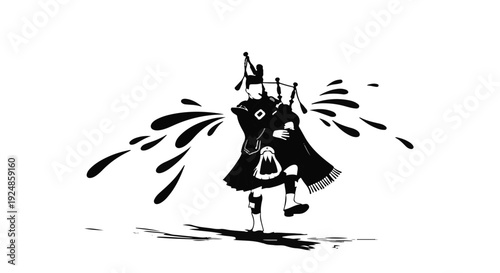 Dynamic piper in traditional kilt playing bagpipes with energetic ink splashes