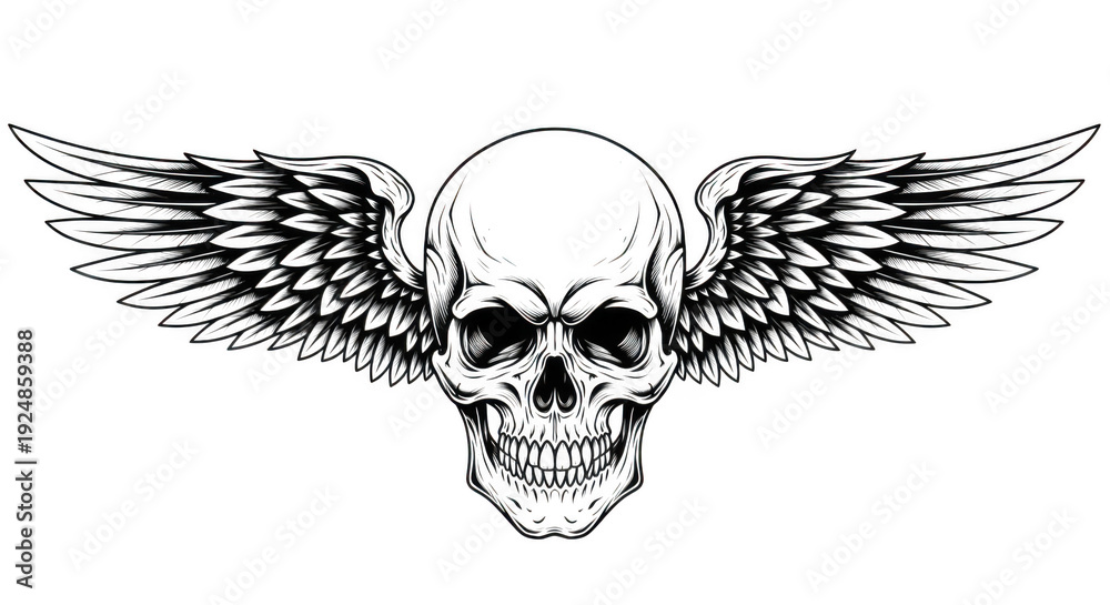 Obraz premium A detailed illustration of a skull with wings spread wide on its sides in black and white isolated on transparent background