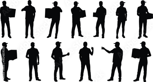 Collection of delivery worker silhouette poses holding parcel boxes isolated on white background, vector illustration set for courier service, shipping, logistics, and distribution design