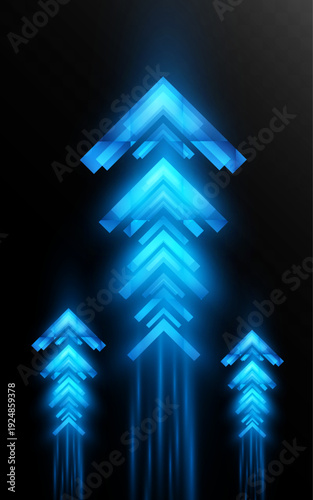 Glowing blue upward arrows composed of layered geometric shapes and light beams, symbolizing growth, acceleration, leadership and digital progress.
