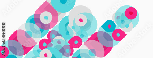 Abstract composition featuring overlapping circles. Pink, turquoise, lavender hues create dynamic visual texture. Minimalist design, modern aesthetic.