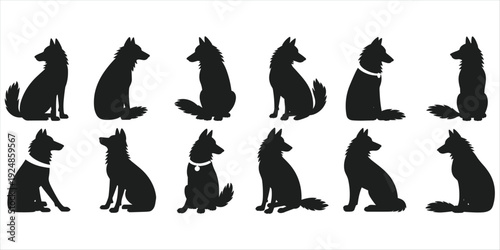 Collection of dog silhouettes in various poses on a white background canine animal