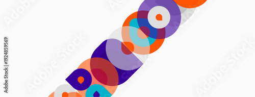 Abstract colorful circles overlap white background. Modern design, vibrant hues create dynamic composition. Simple geometry, playful aesthetic.