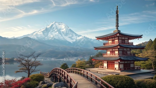 Japanese  pagoda with mountain landscape red bridge and lake during a clear sunny day.