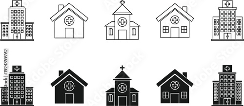 Medical hospital and clinic building icon set with emergency cross sign in outline and solid black style for healthcare architecture design vector.