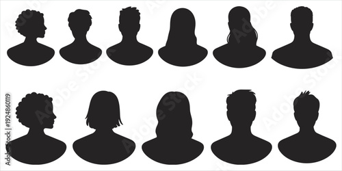Diverse collection of black silhouette head and shoulder profiles of men and women Keywords: silhouette, profile, head
