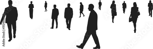 Diverse Group of Black Business People Silhouettes Walking on White Background Keywords: people, silhouette, business, walking