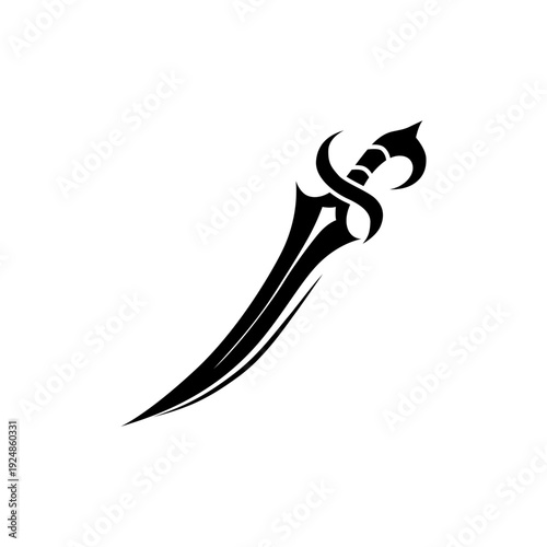 Black scimitar sword icon isolated on white background. Minimalist weapon vector illustration.