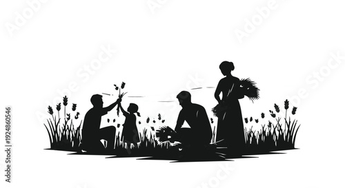 Family silhouette planting flowers in a meadow at sunset, conveying joy and togetherness