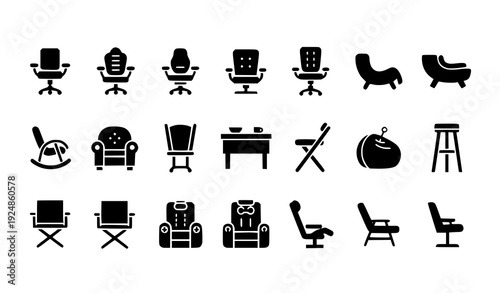 Flat Black Office & Home Chair Silhouette Icons Collection for Furniture Design on White