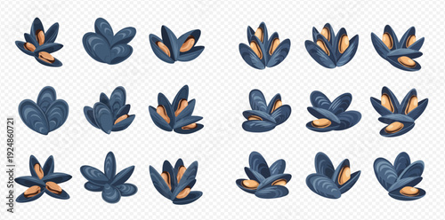 Set of cartoon mussels, blue shells with orange meat, seafood collection.