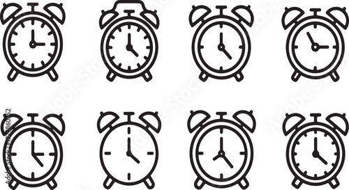 Eight vintage alarm clocks with different times displayed on their faces Vector