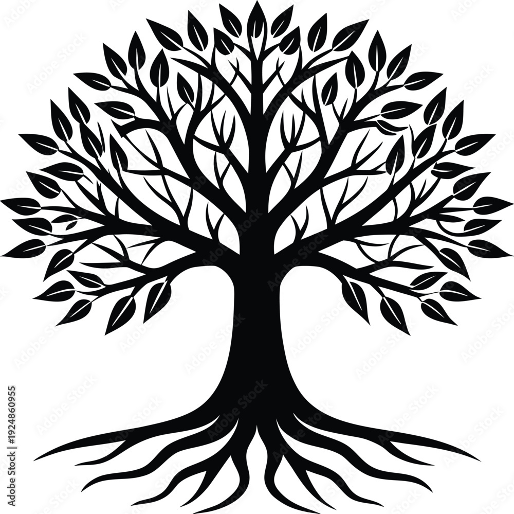 Obraz premium Black silhouette of a tree with visible roots and leaves on a white background