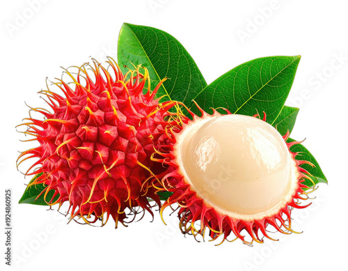 Two vibrant red rambutan fruits, one peeled revealing white flesh, with green leaves