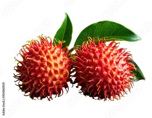 Vibrant red tropical fruits with spiky exteriors and green leaves