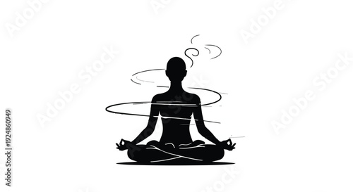 Silhouette of person meditating in lotus pose with swirling energy lines