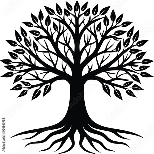 Black silhouette of a tree with visible roots and leaves on a white background