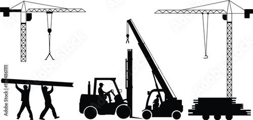 Tower Crane and Forklift Silhouette Set with Construction Workers Carrying Steel Beams Isolated on White Background Vector Illustration