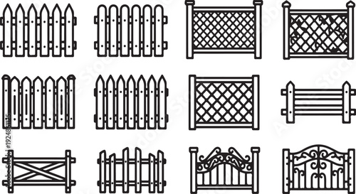 A collection of various fence designs and patterns in black and white. Vector