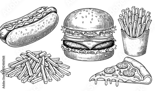 Fast food engraving outline sketch vector collection