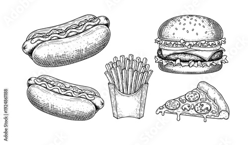 Retro fast food etching sketch vector clipart
