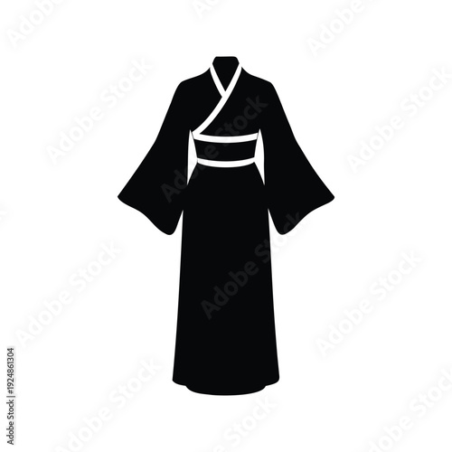 Traditional kimono with obi belt elegant black and white silhouette vector illustration, kimono dress silhouette vector illustration
