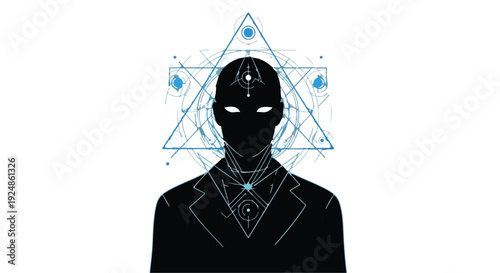 Mysterious figure in suit with glowing eyes, surrounded by geometric sacred geometry patterns.