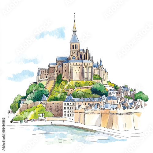 Watercolor Painting of Mont Saint Michel France with Detailed Architecture
