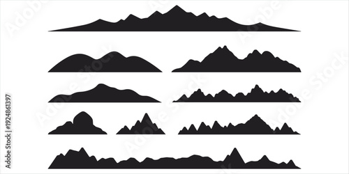 Set of black mountain range silhouettes in various shapes and sizes on white background peak