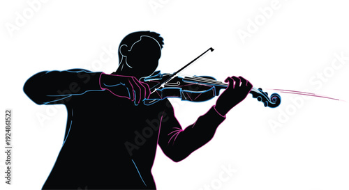 Musician passionately playing violin with energetic bow strokes against a bright background
