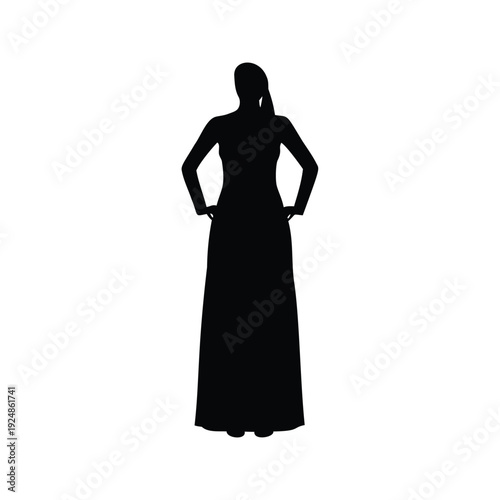 Elegant woman in long dress standing with hands on hips silhouette vector illustration, knit maxi dress silhouette vector illustration
