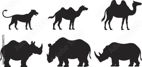 Silhouettes of a Lion, Two Camels, and Three Rhinoceroses on White Background animal