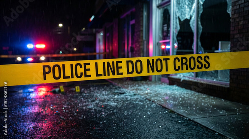 Yellow police tape restricts access to a shattered storefront crime scene at night