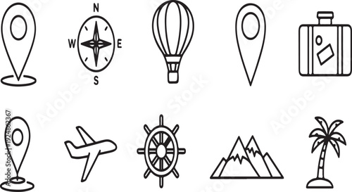 Assorted travel and navigation icons including a compass, hot air balloon, and suitcase. Vector