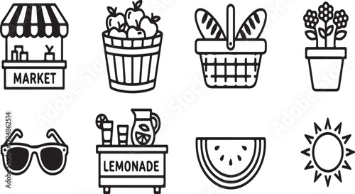 Assorted icons representing summer activities and items Vector
