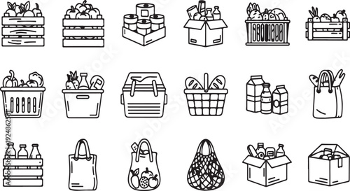 Assorted baskets, crates, and containers filled with various items Vector