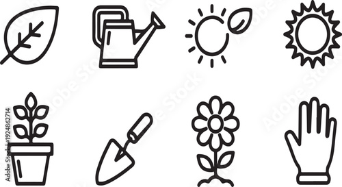 Icons representing gardening tools, plants, and weather conditions. Vector