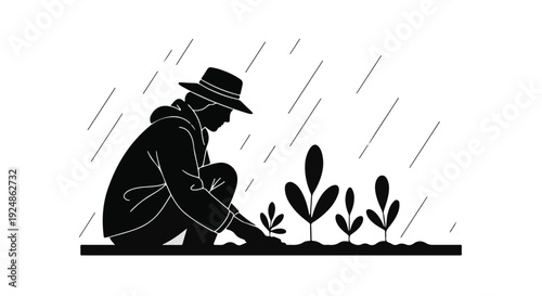Farmer tending to young plants in the rain, symbolizing growth and resilience.