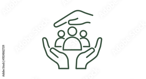 Simple line art vector graphic illustration depicting hands cupping and protecting a small group of diverse people icons for support concepts