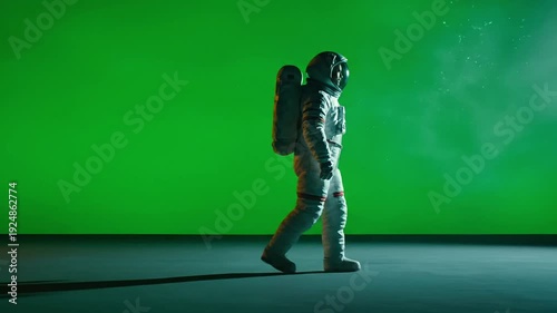 A lone astronaut walks confidently in front of a green screen for a video production.