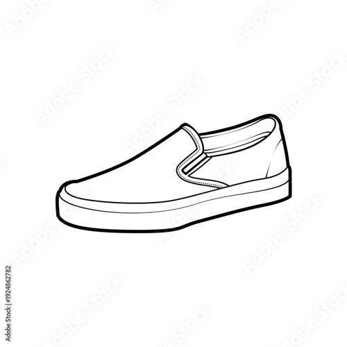 Vector outline of a classic slip-on canvas shoe from a side view. Black and white casual sneaker illustration. Perfect for fashion design mockups, apparel icons, and coloring books. 