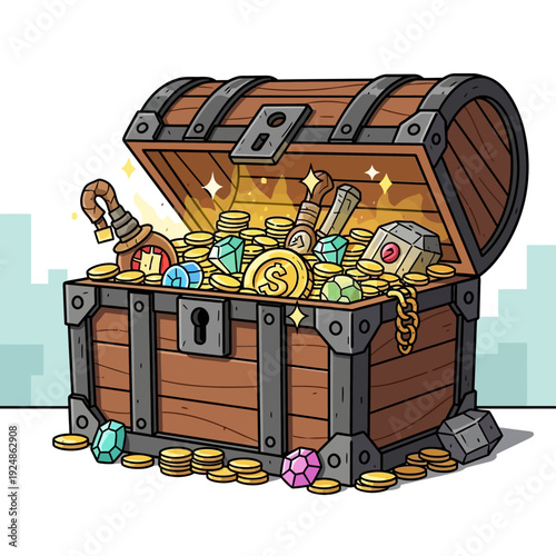 Treasure Chest Overflowing with Gold Coins, Gems, and Jewels