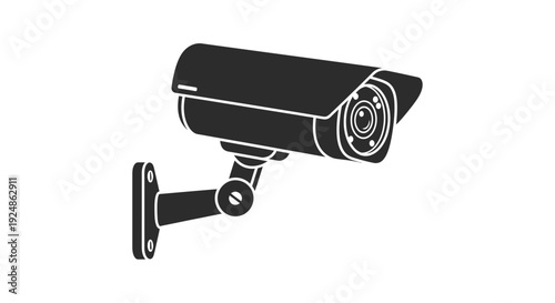 A modern black security camera vector illustration, perfect for graphic design projects, representing surveillance, protection, and monitoring concepts with a clean and effective visual style.