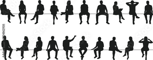 Silhouettes of men and women sitting on a horizontal line with varied poses people