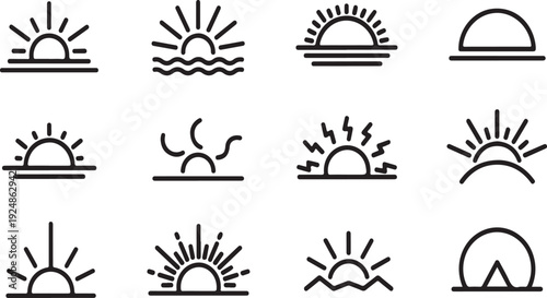 A collection of twelve different sun and sun with clouds icons Vector