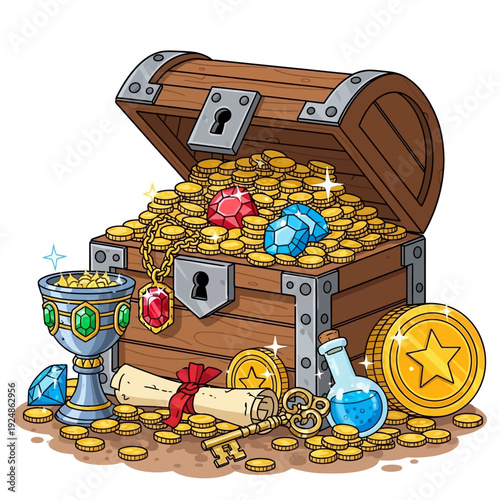 Treasure Chest Overflowing with Gold Coins, Gems, and Magical Items