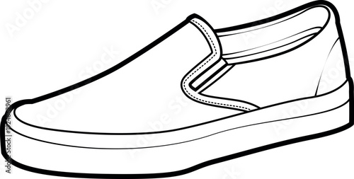 Vector outline of a classic slip-on canvas shoe from a side view. Black and white casual sneaker illustration. Perfect for fashion design mockups, apparel icons, and coloring books. 