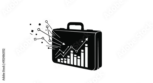 Business growth concept with a briefcase displaying a rising financial graph and data streams.