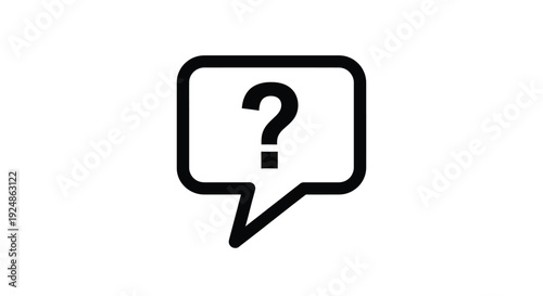 Clean vector graphic illustration featuring a prominent question mark symbol enclosed within a modern speech bubble design, representing queries, help, communication, or frequently asked questions.